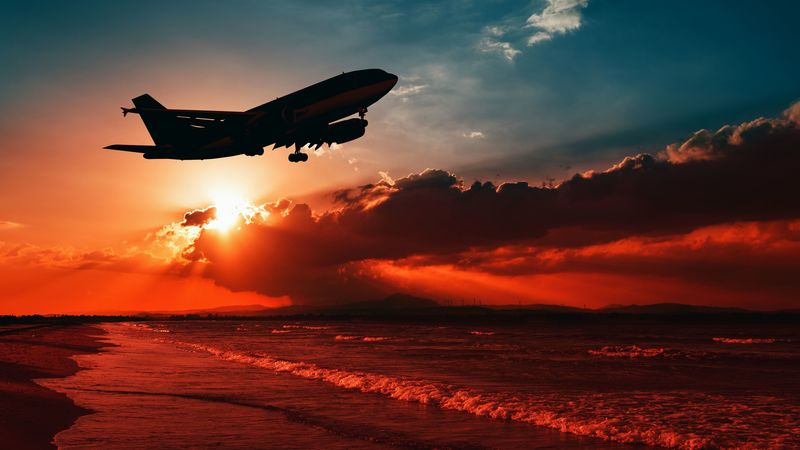 airplane, sea, sunset, takeoff, silhouette, sky, 4k