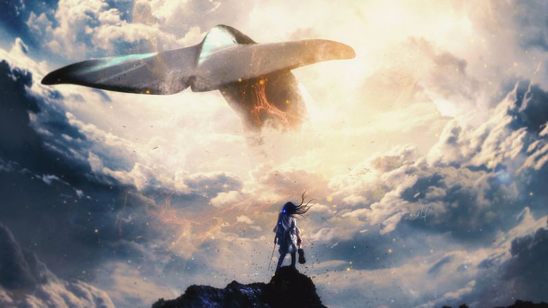 whale, tail, musician, symphony, clouds, art, surrealism, 4k