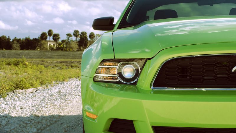ford mustang, headlight, green, front view, sports car, 4k