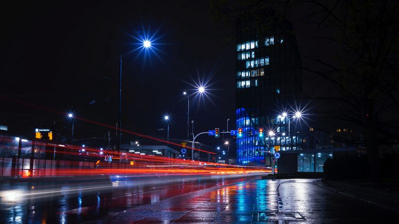 night city, city lights, road, building, lights, 4k