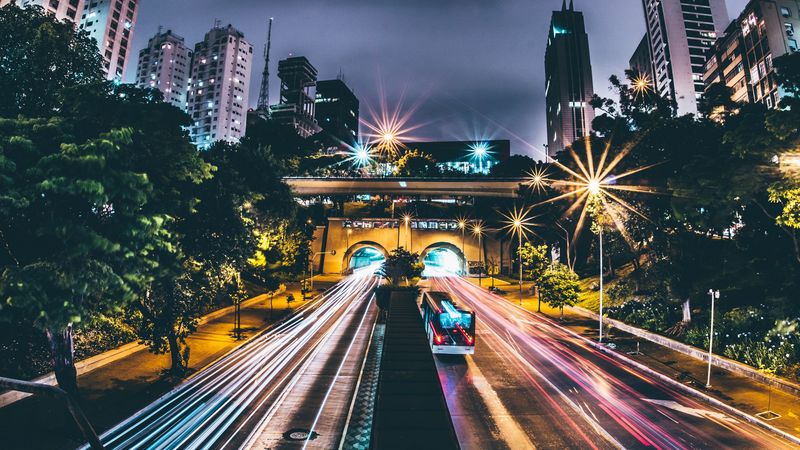 night city, road, traffic, light, 4k