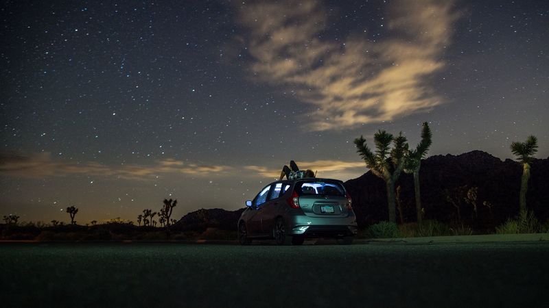 car, starry sky, man, loneliness, palm trees, solitude, 4k