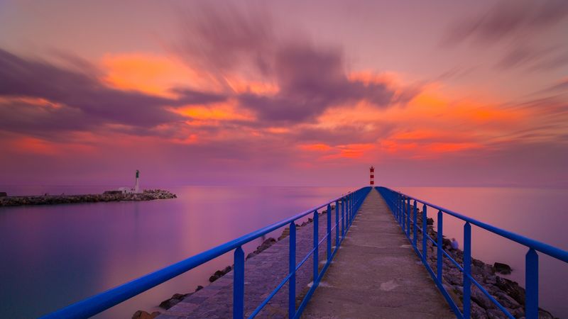 pier, lighthouse, sea, sunset, skyline, port-la-nouvelle, france, 4k