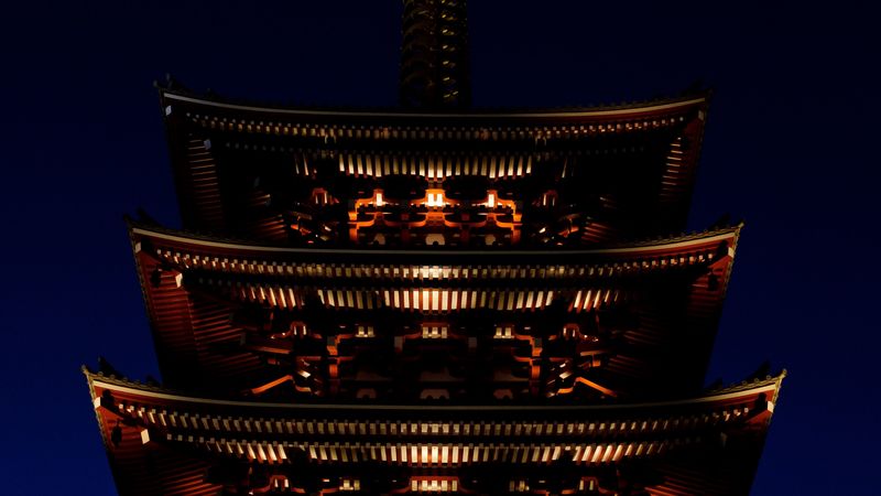 pagoda, roof, building, night, lighting, 4k