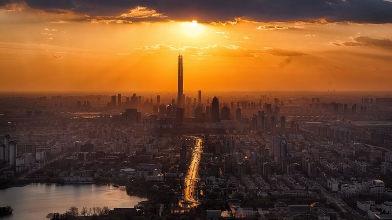 city, sunset, skyscrapers, tianjin, china, 4k