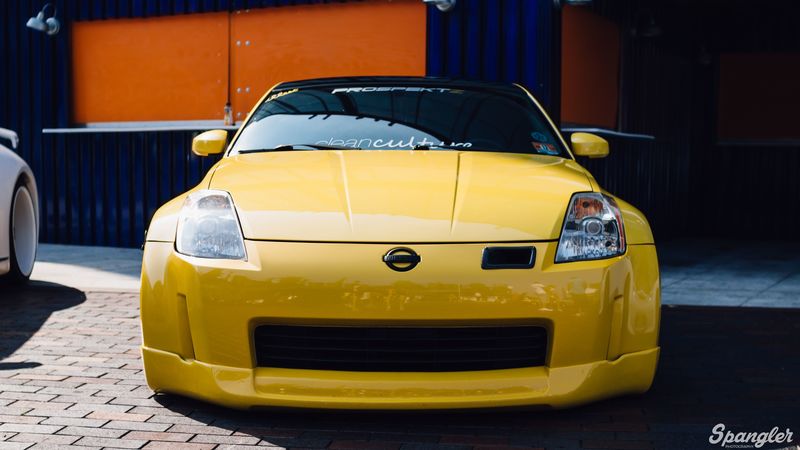 nissan 350z, yellow, sports car, front view, tuning, 4k