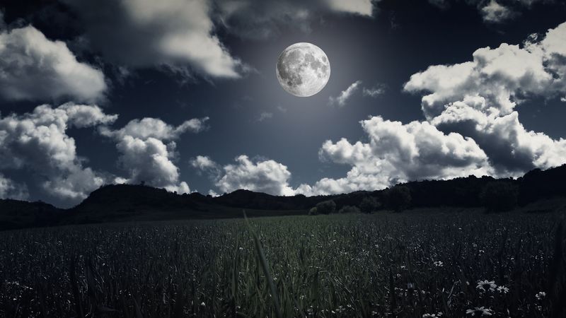 moon, clouds, grass, field, full moon, photoshop, 4k