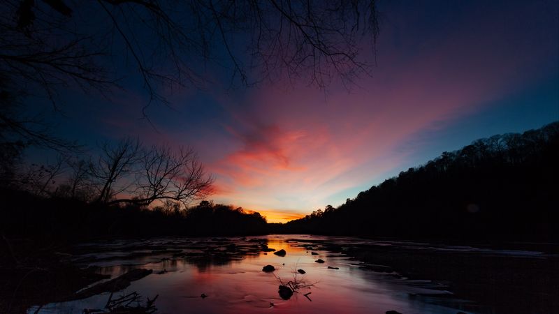 river, sunset, skyline, trees, 4k