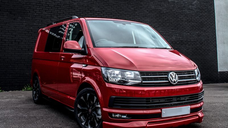 volkswagen transporter, minivan, red, side view, 4k