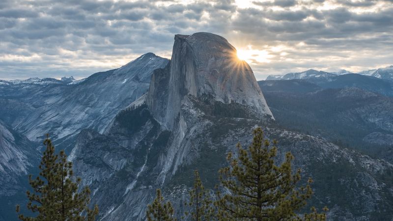 mountains, peak, trees, light, dawn, yosemite valley, united states, 4k