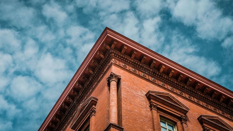 building, bottom view, sky, roof, 4k