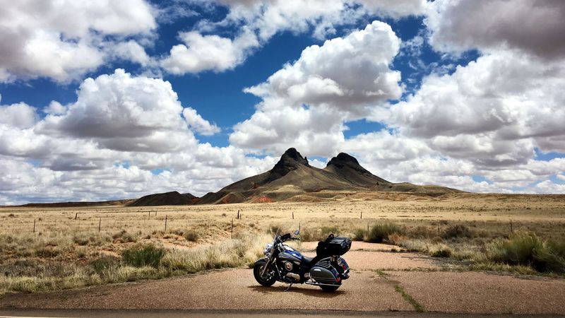 motorcycle, mountains, desert, clouds, travel, 4k
