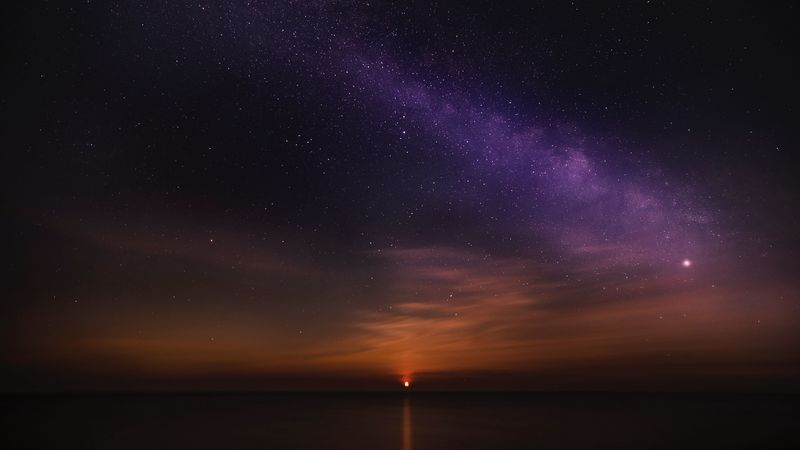 sunrise, starry sky, horizon, 4k