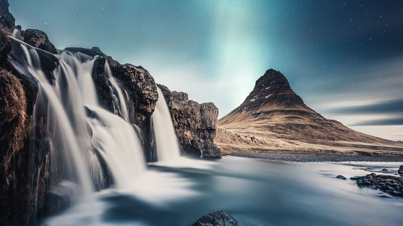 waterfall, mountain, river, sky, stones, 4k