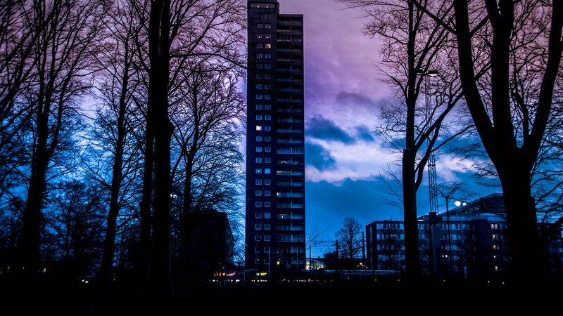 building, sunset, sweden, clouds, 4k