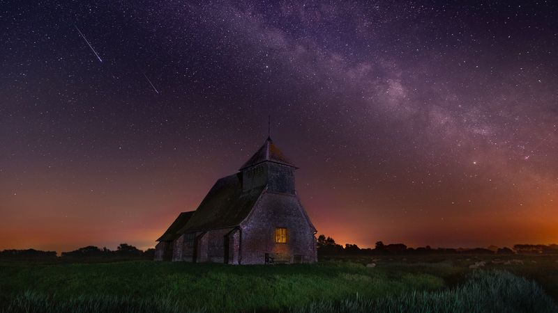 starry sky, structure, night, church, fairfield, united kingdom, 4k
