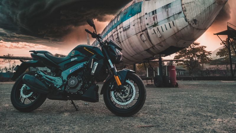 motorcycle, airplane, side view, clouds, overcast, 4k