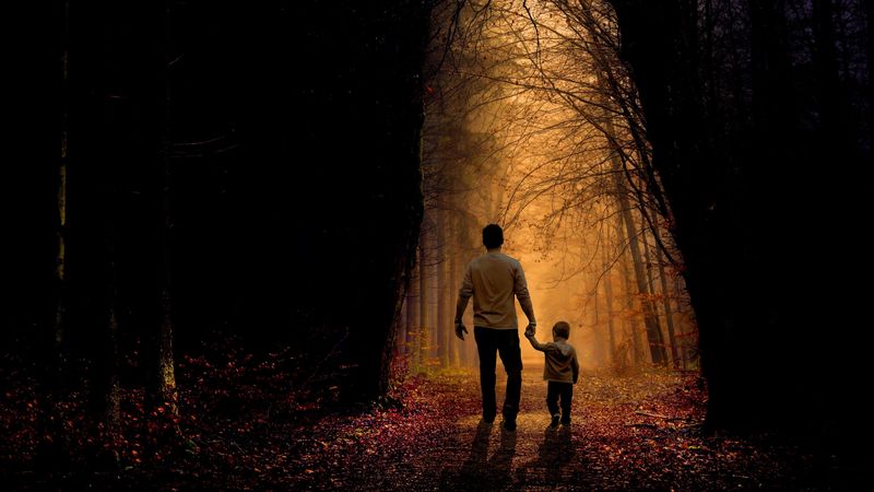 father, son, family, child, forest, 4k