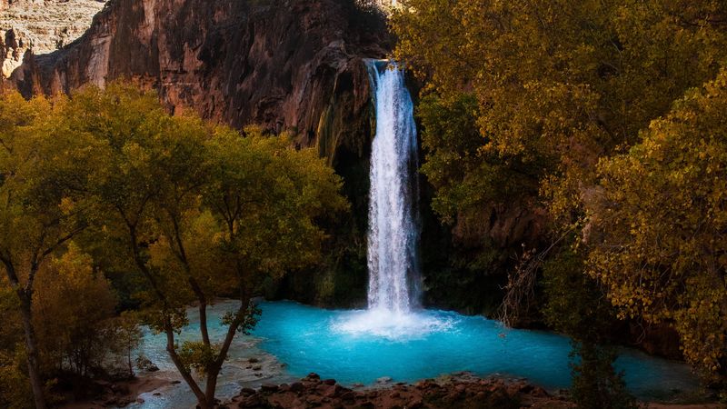 waterfall, rocks, blocks, trees, 4k