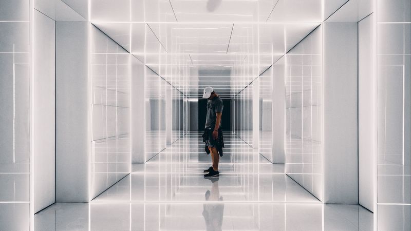 corridor, man, reflections, symmetry, minimalism, 4k