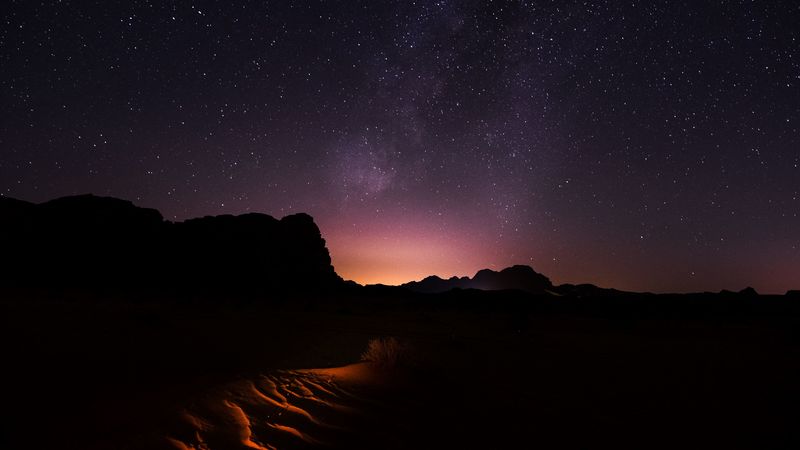 starry sky, desert, night, wadi rum, jordan, 4k