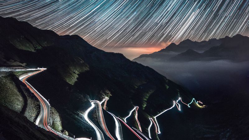 high-altitude road, night, light, stelvio, italy, 4k