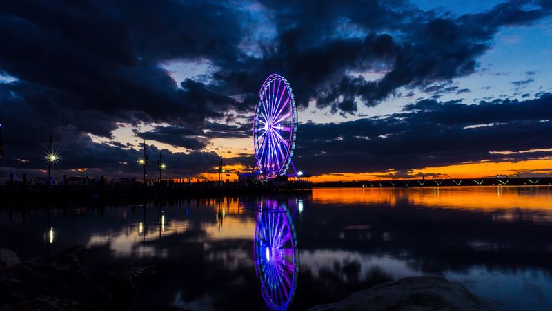 ferris wheel, harbor, night city, clouds, washington, usa, 4k