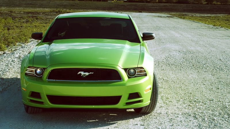 ford mustang v6, ford mustang, sports car, green, lime, front view, 4k