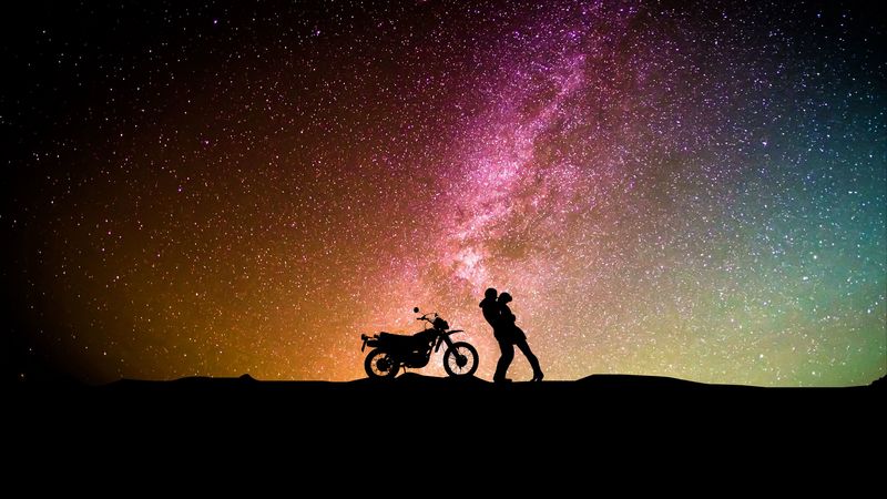 couple, silhouettes, hugs, starry sky, love, motorcycle, 4k