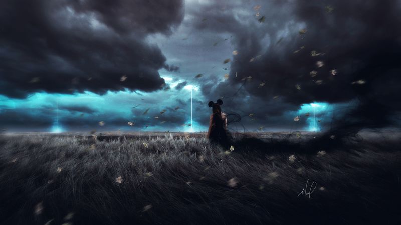 girl, field, wind, cloudy, grass, clouds, art, 4k