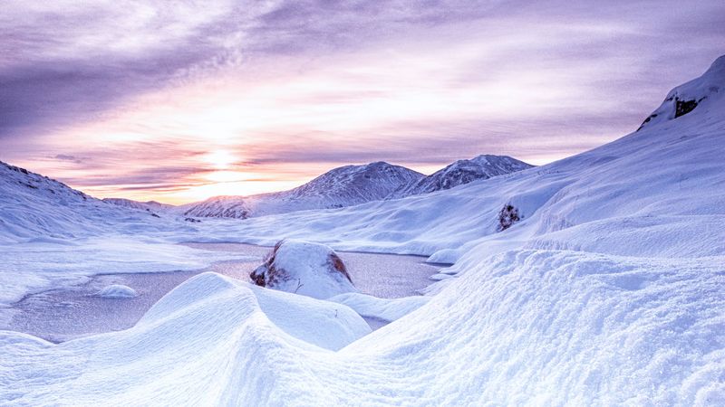 snow, mountains, dawn, scotland, 4k