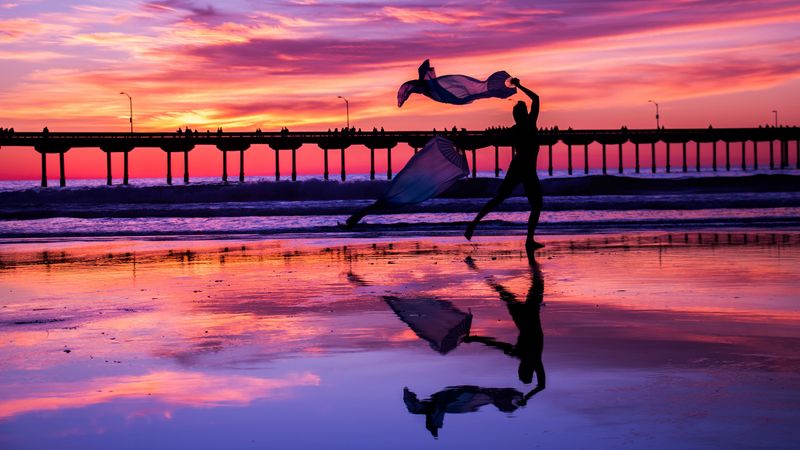 silhouette, dance, sea, pier, sunset, 4k