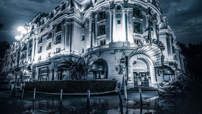 building, architecture, black and white, facade, puddles, 4k