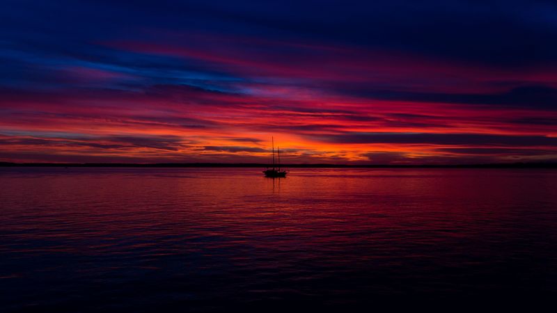 sunset, boat, ocean, sea, horizon, 4k