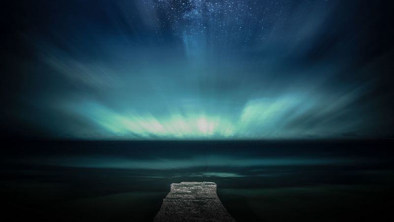 pier, starry sky, stars, night, sea, 4k
