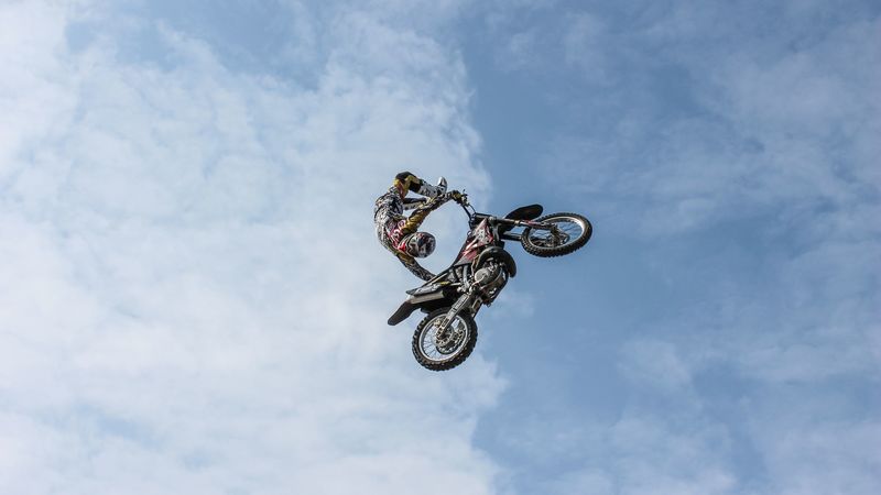 biker, motorcycle, extreme, trick, clouds, sky, 4k