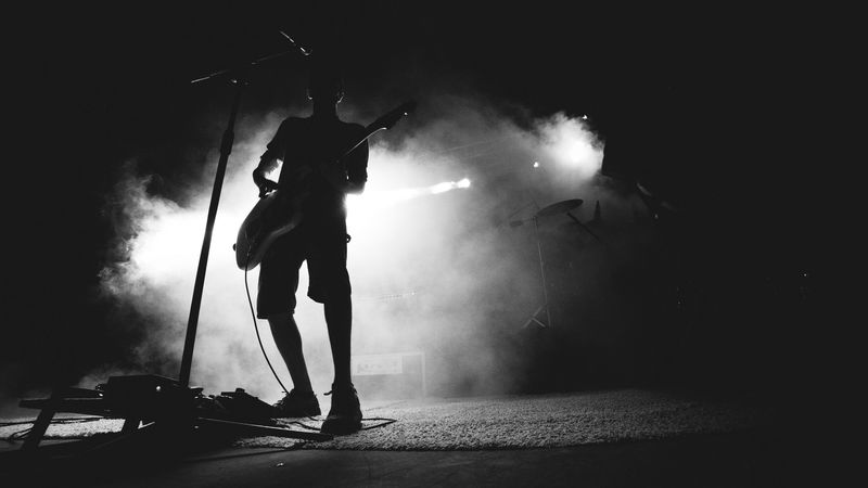 guitarist, musician, concert, microphone, performance, smoke, black and white, 4k