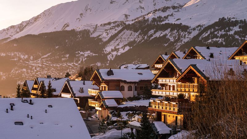 houses, mountains, snowy, 4k