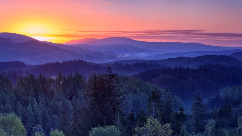 mountains, trees, sunset, sky, landscape, trossachs, scotland, 4k