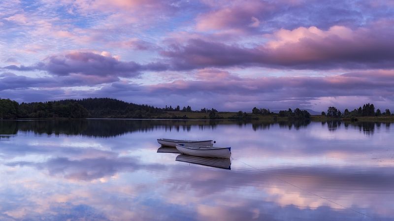 lake, boats, skyline, sunrise, dawn, loch rusky, loch lomond, trossachs, scotland, 4k