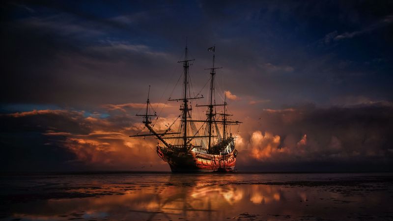 ship, horizon, sunset, sea, 4k