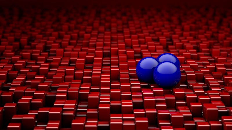 balls, cubes, red, blue, rendering, 4k