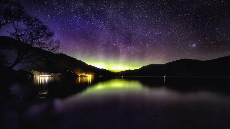 aurora, starry sky, night, loch lomond, scotland, 4k