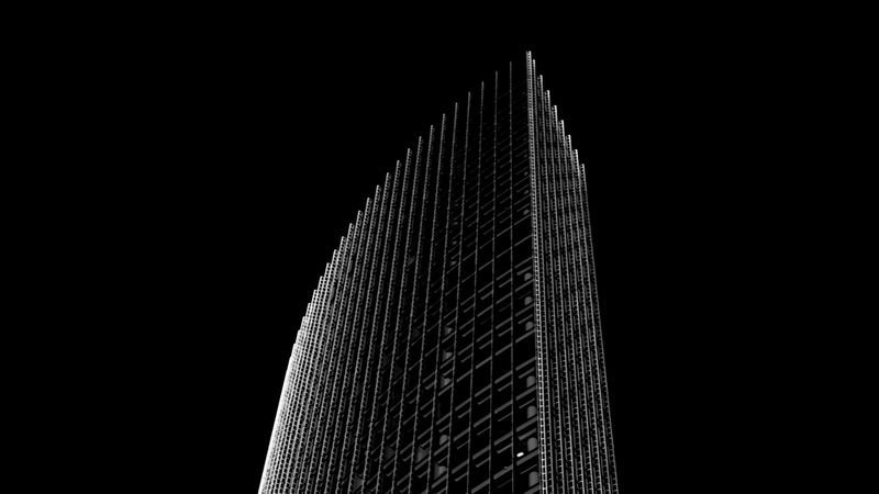 skyscraper, building, black and white, minimalism, architecture, facade, 4k