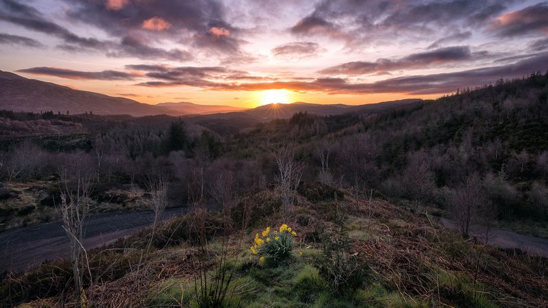 mountains, sunrise, sky, landscape, loch lomond, trossachs national park, scotland, 4k