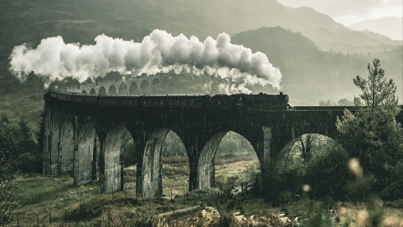 train, railway, bridge, mountains, smoke, glenfinnan viaduct, glenfinnan, united kingdom, 4k