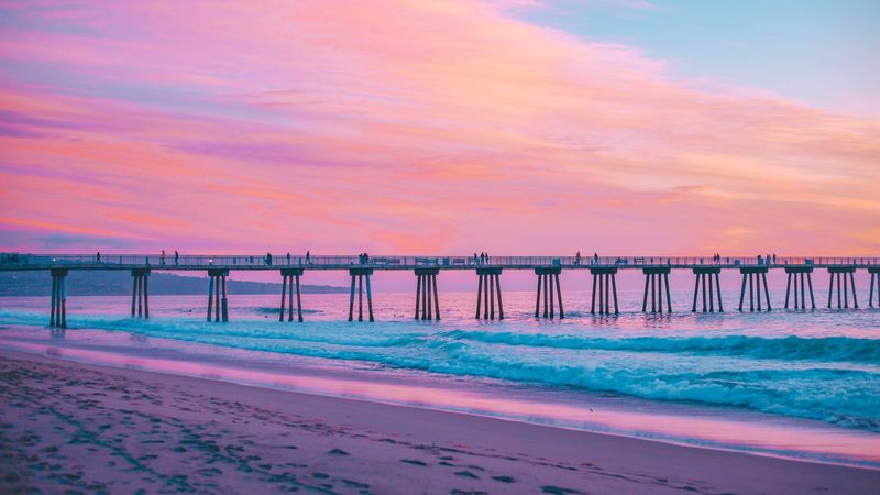 pier, sea, surf, pink, hermosa beach, california, 4k