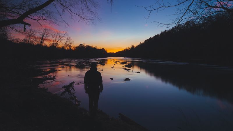 man, silhouette, river, trees, sky, solitude, harmony, 4k
