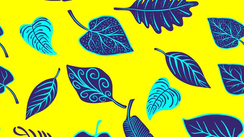leaves, art, yellow, purple, shapes, 4k
