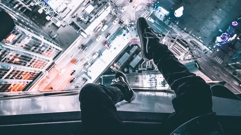 night city, man, legs, top view, overview, 4k